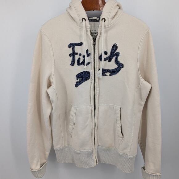Y2K Abercrombie Fitch Cream Hoodie Zip Up Distressed Logo Spellout M - Picture 1 of 10